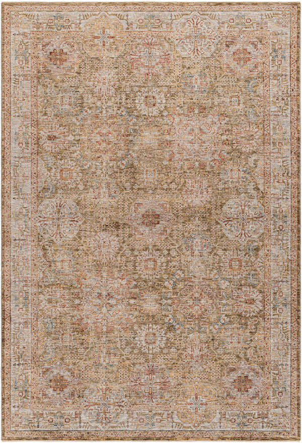 Close-up of the Ange Tan Rich Textured Traditional Rug, showcasing its bone, clay, and walnut colors and farmhouse style. Design-Rectangle-6796