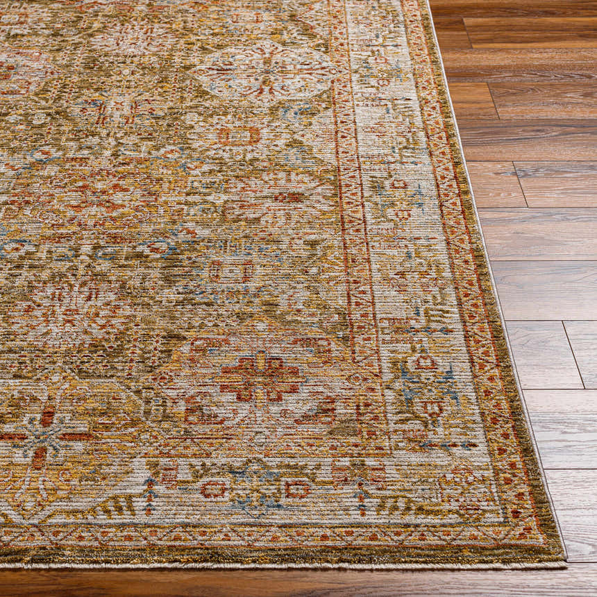Close-up of the Ange Tan Rich Textured Traditional Rug showing bone, clay, and walnut colors on wood floors. Front