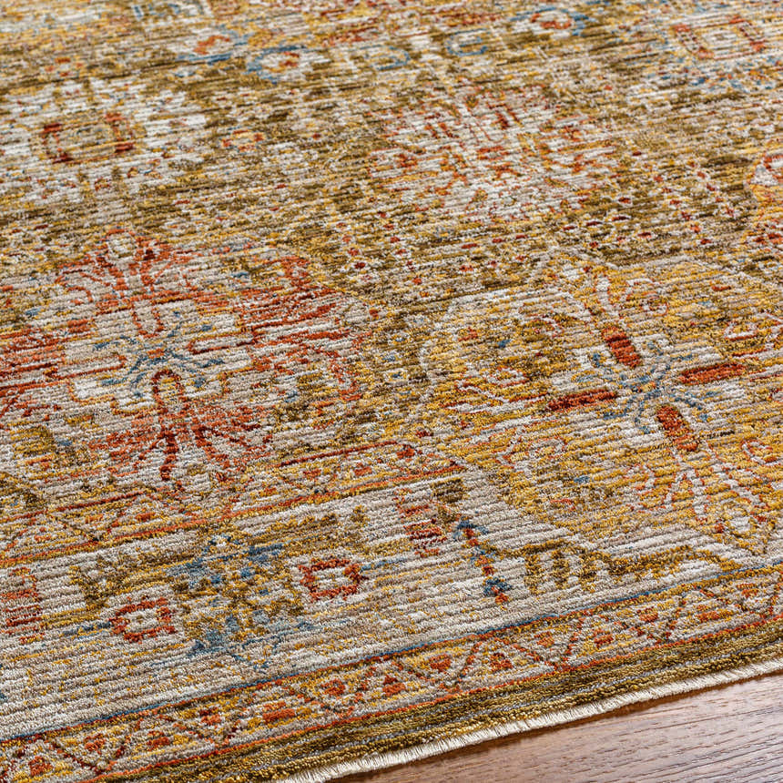 Close-up of the Ange Tan Rich Textured Traditional Rug, showing bone, clay, and walnut colors and a farmhouse-style design. Texture