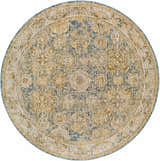 Close-up of the round Ange Cream & Blue Rich Textured Rug, showcasing its traditional pattern and rich texture. Design-Round-710