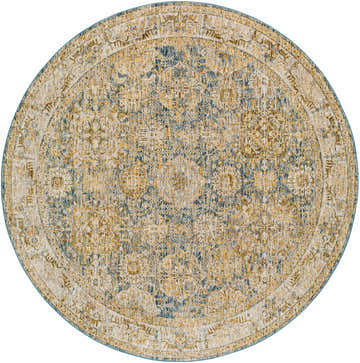 Close-up of the round Ange Cream & Blue Rich Textured Rug, showcasing its traditional pattern and rich texture. Design-Round-710