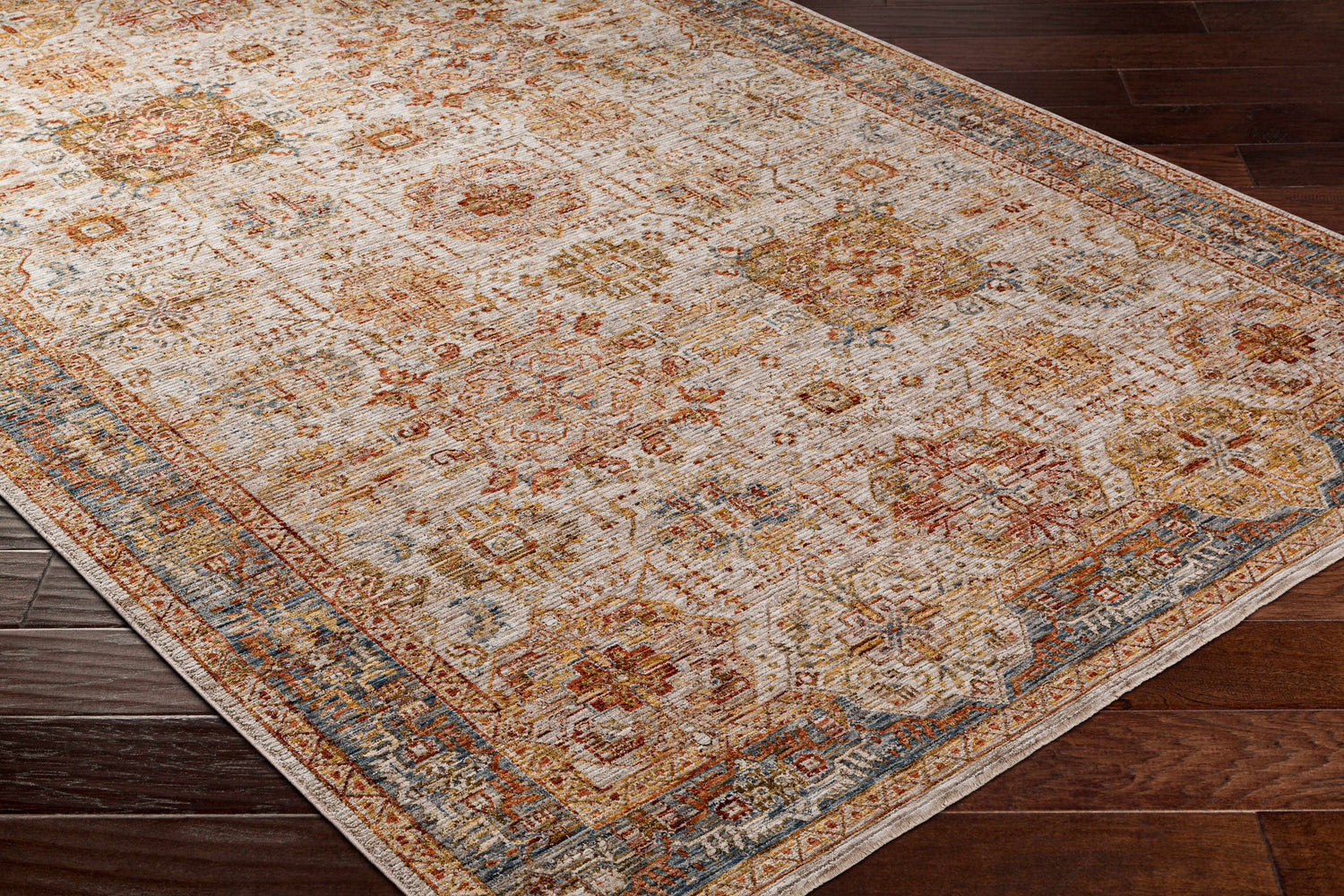 Ange Tan & Blue Rich Textured Traditional Rug