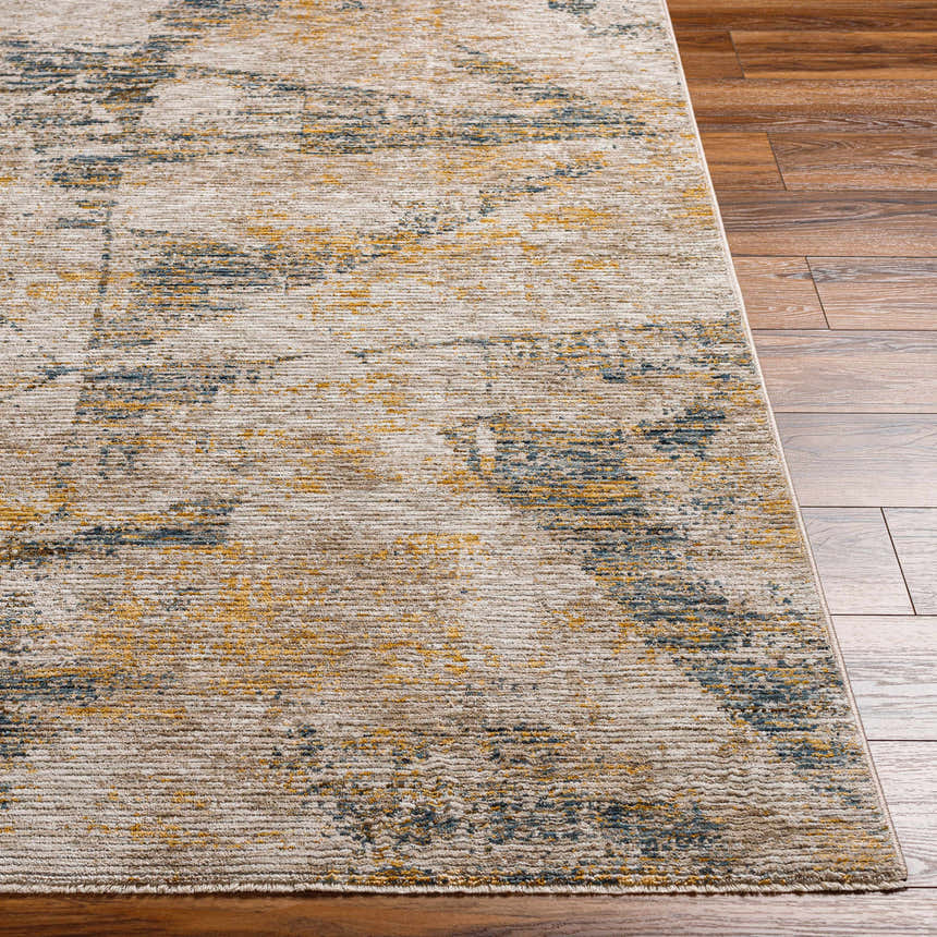 Close-up of the Cadao Rich Textured Traditional Rug, showcasing its light peach, mocha, and blue abstract pattern. Front