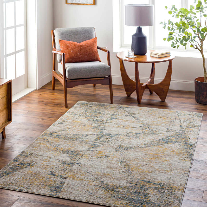 Living room scene with a Cadao Rich Textured Traditional Rug in light peach, mocha, and brown tones. Roomscene-Rectangle