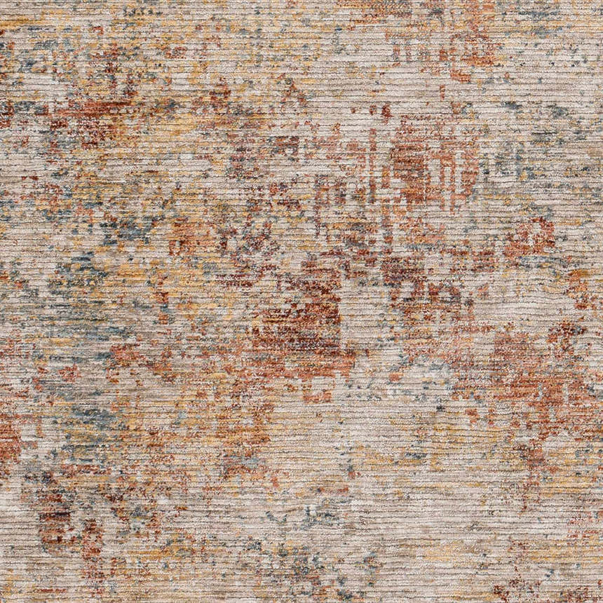 Close-up of the Chas Tan Rich Textured Traditional Rug, showing bone, clay, and dark gray colors. Swatch
