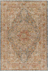 Detailed texture of the Cress Tan Rich Textured Traditional Rug with bone, gray, and garnet colors. Design-Rectangle-575