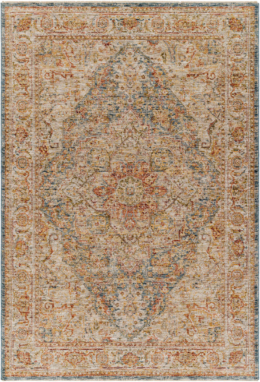 Detailed texture of the Cress Tan Rich Textured Traditional Rug with bone, gray, and garnet colors. Design-Rectangle-575