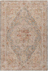 Close-up of the Cress Tan Rich Textured Traditional Rug, featuring bone, blue, and garnet colors in a floral, ornate pattern. Design-Rectangle-6796