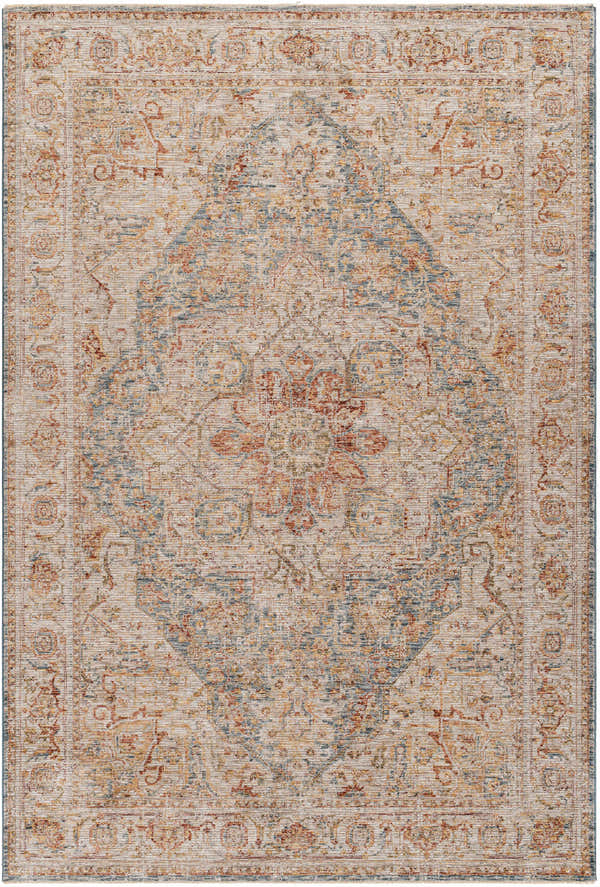 Close-up of the Cress Tan Rich Textured Traditional Rug, featuring bone, blue, and garnet colors in a floral, ornate pattern. Design-Rectangle-6796