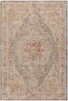 Close-up of the Cress Tan Rich Textured Traditional Rug, featuring bone, blue, and garnet colors in a floral, ornate pattern. Design-Rectangle-6796