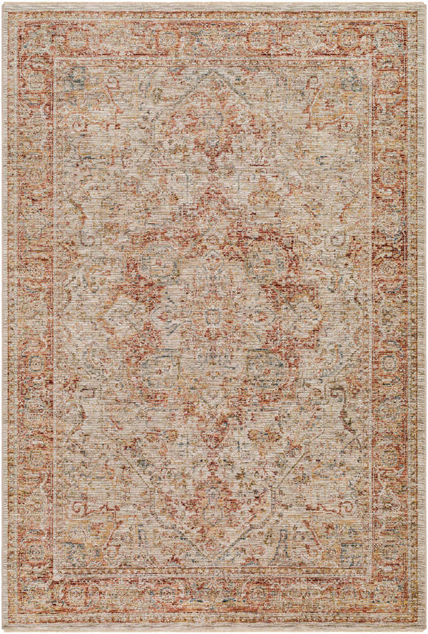 Close-up of the Cress Rust Rich Textured Traditional Rug with clay, dark brown, and light peach colors. Design-Rectangle-575