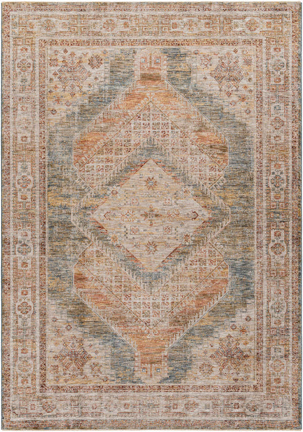 Close-up of the Moya Cream Rich Textured Traditional Rug, featuring a bone, clay, and dark gray geometric pattern. Design-Rectangle-6796
