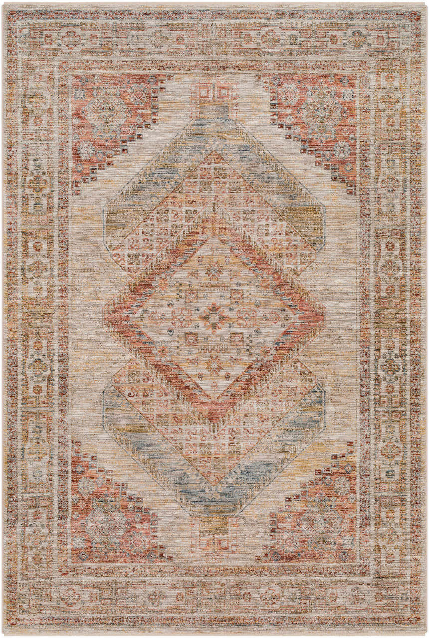 Moya Tan Rich Textured Traditional Rug with a bone background and clay, brown, and gray geometric patterns. Design-Rectangle-575