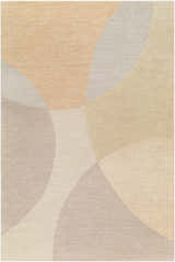 Close-up of the Cassiopeia Light Brown & Beige Area Rug. A contemporary wool rug with curved shapes in beige, brown, and gray tones. Design-Rectangle-576