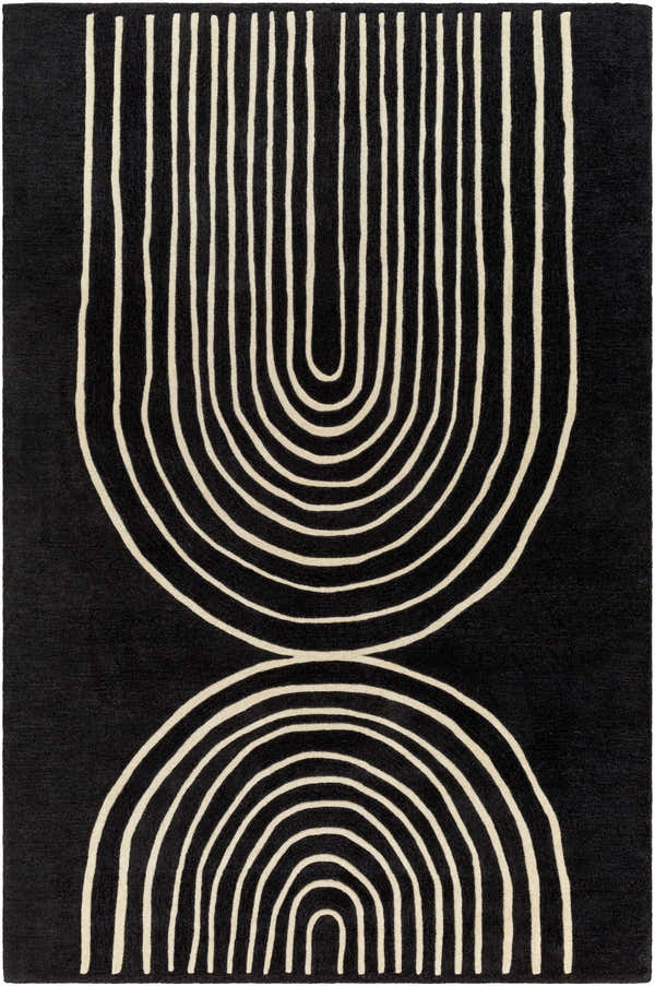 Close-up of the Fuat Black Wool Rug featuring a contemporary geometric design with cream arches on a black background. Design-Rectangle-576
