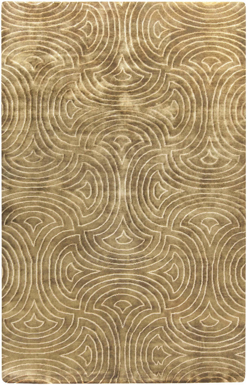 Close-up of the Sidney Area Carpet. Hand-knotted wool rug with a light beige geometric pattern on a brown background. Design-Rectangle-58