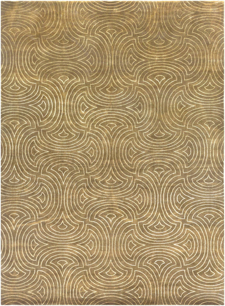 Close-up of the Sidney Area Carpet: a hand-knotted wool rug with a geometric, arched pattern in tan and cream. Design-Rectangle-811