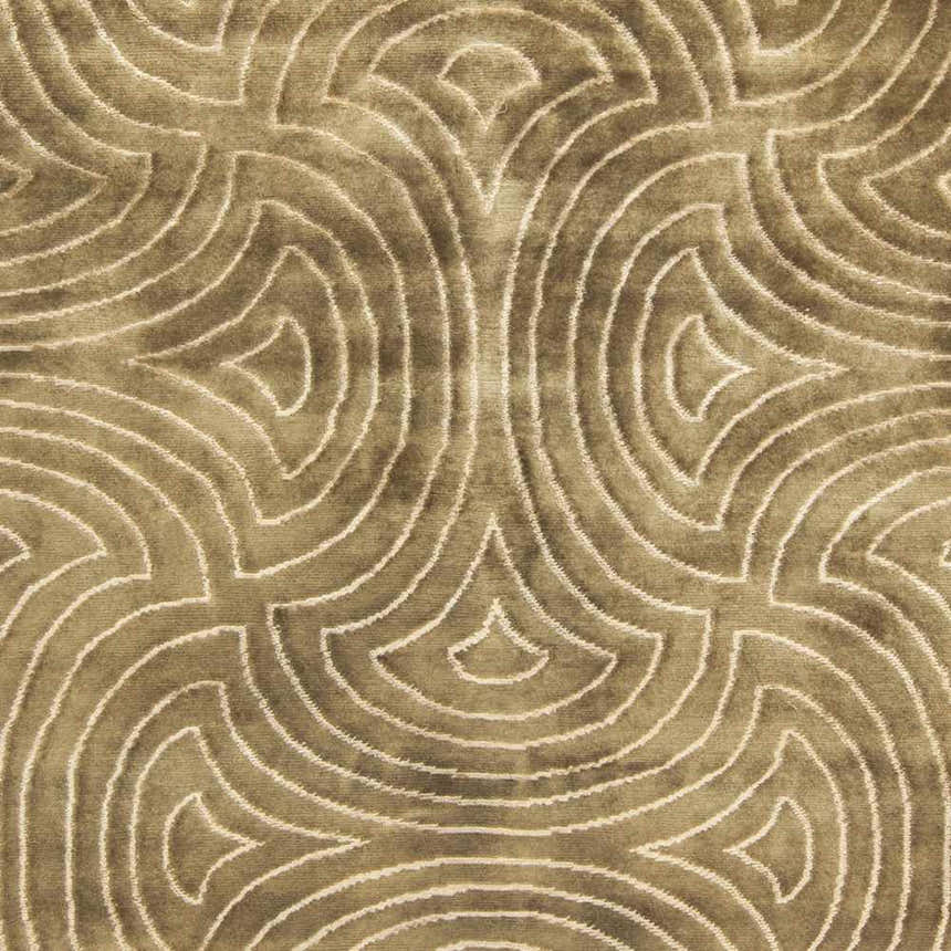 Close-up of the Sidney Area Carpet, featuring a geometric, fan-like pattern in muted olive green and cream. Wool texture. Swatch