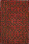 Close-up of the Sidon Area Carpet, a hand-knotted wool rug with a red scroll pattern on a brown background. Design-Rectangle-5686