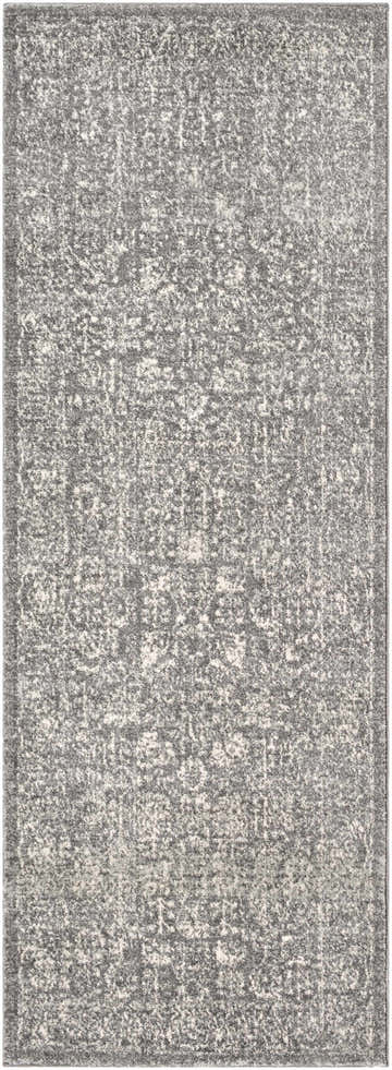 Close-up of the Sigel Area Rug. Machine-woven with a traditional, vintage pattern in charcoal, gray, and light beige. Design-Runner-2773