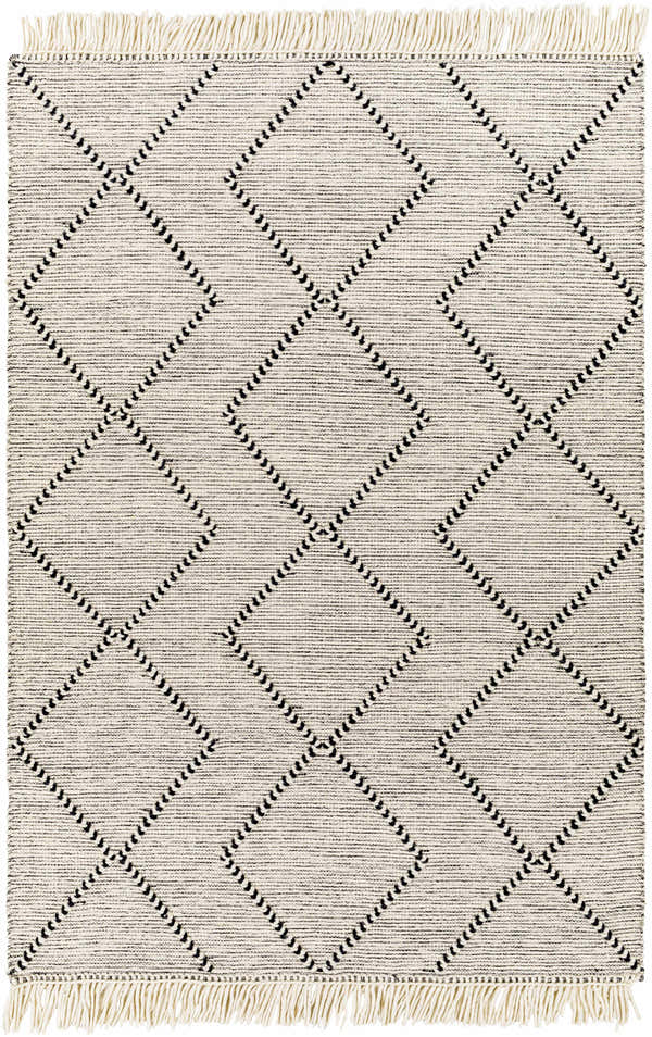 Close-up of the Siguinon Area Rug. Cream rug with black geometric diamond pattern and fringe. Hand woven wool rug. Design-Rectangle-576