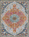 Detailed Silkstone Area Rug with a traditional oriental pattern in aqua, cream, orange, saffron, dark blue, and fuchsia. Design-Rectangle-71010
