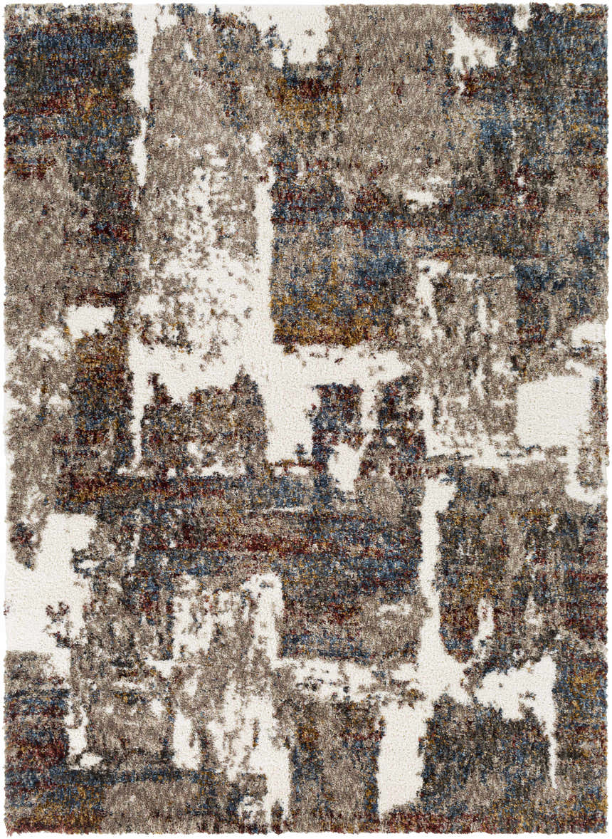 Close up of the Silvis Boutique Area Rug. Shag rug with cream, blue, gray, and burgundy colors. Design-Rectangle-537