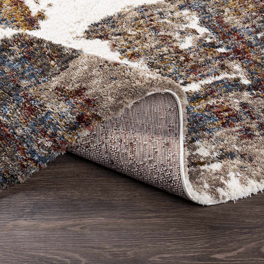Close-up of the Silvis Boutique Area Rug showing its shag texture, burgundy, cream, blue, and mustard colors. Fold