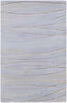 Close-up of Sinai Light Blue rug. Abstract lined pattern in light blue, off-white, light gray, and brown. Hand-knotted wool rug. Design-Rectangle-23