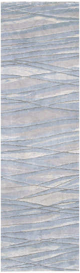 Close-up of Sinai Light Blue rug. Lined, contemporary design in light blue, gray, sage, and off-white wool/viscose. Design-Runner-2610