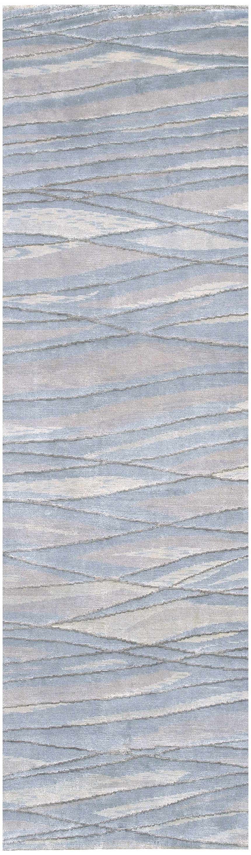 Close-up of Sinai Light Blue rug. Lined, contemporary design in light blue, gray, sage, and off-white wool/viscose. Design-Runner-2610