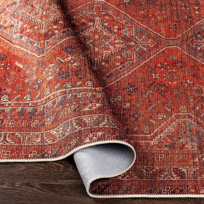 Close-up of the Siocon Washable Area Rug. Features a traditional, farmhouse design with red, blue, and white colors. Fold
