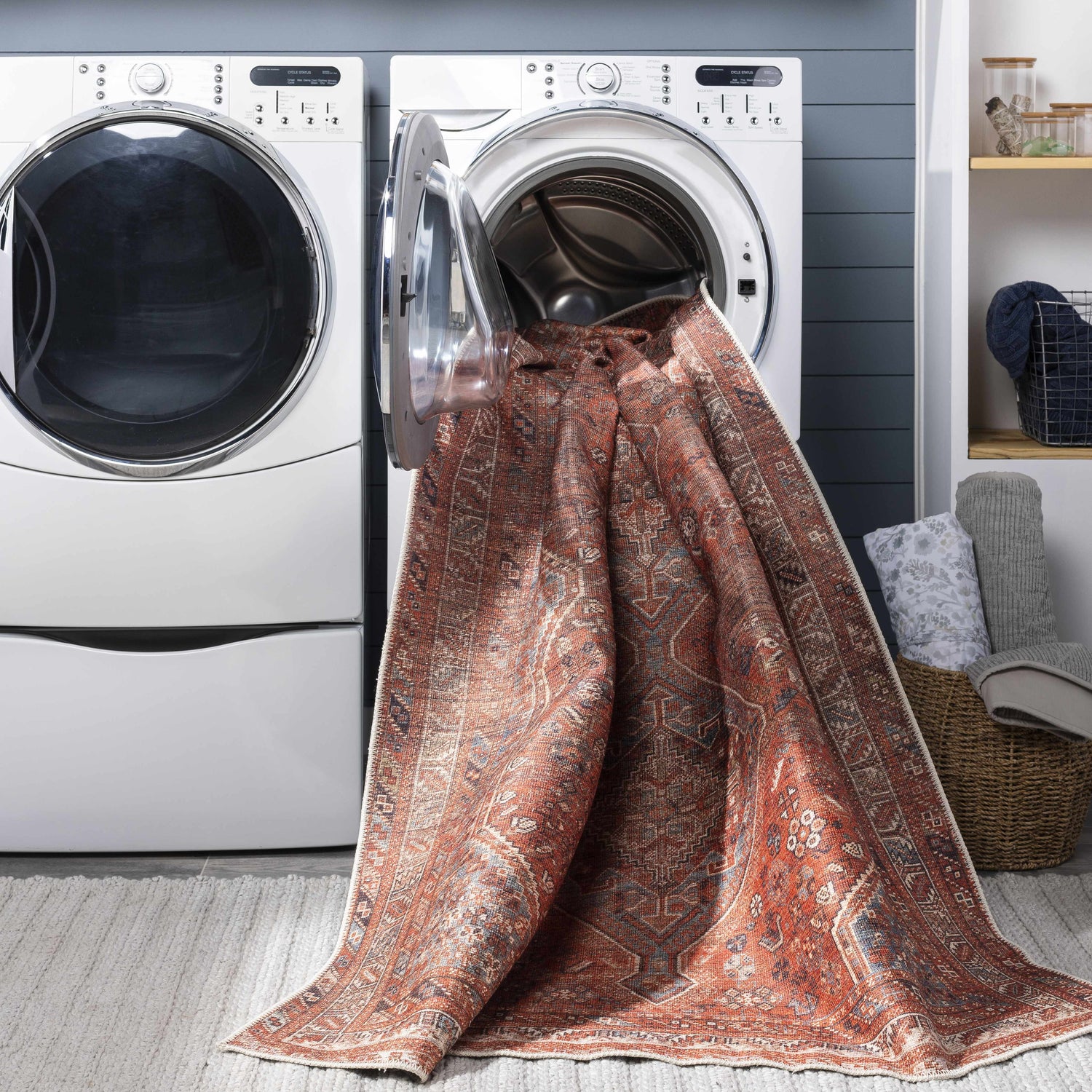 Siocon Washable Area Rug being washed in a laundry room with white washer and dryer. Farmhouse style. Washing-Machine