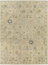 Detailed beige Sipocot Premium Area Rug with a traditional floral pattern in navy, rust, and brown tones. Hand-knotted cotton and wool rug. Design-Rectangle-912