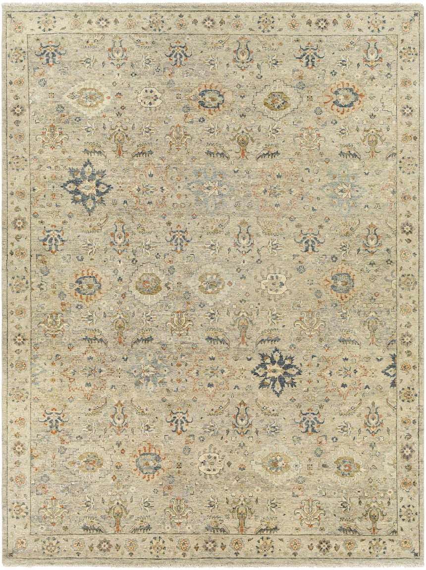 Detailed beige Sipocot Premium Area Rug with a traditional floral pattern in navy, rust, and brown tones. Hand-knotted cotton and wool rug. Design-Rectangle-912