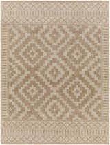 Close-up of the Sitangkai Indoor & Outdoor Rug. Farmhouse style with cream and tan geometric pattern. Polypropylene texture. Design-Rectangle-537