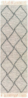 Close-up of the hand woven Siyabuswa Area Rug. Cream rug with black geometric diamond pattern and fringe. Design-Runner-268