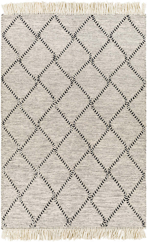 Close-up of the Siyabuswa Area Rug. Cream rug with a black geometric diamond pattern and fringe. Hand woven texture. Design-Rectangle-576