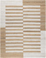 Close-up of the hand woven Soren Area Rug. Jute rug features a modern stripe design in ash, light silver, and tan. Design-Rectangle-810