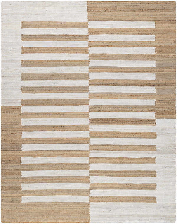 Close-up of the hand woven Soren Area Rug. Jute rug features a modern stripe design in ash, light silver, and tan. Design-Rectangle-810