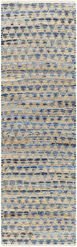 Close-up of the hand woven Colm Recycled Blue Jean Rug, featuring horizontal stripes of denim blue and natural fiber. Design-Runner-268