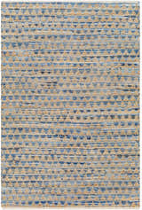 Close-up of hand woven Colm Recycled Blue Jean Rug. Features blue and tan horizontal stripes and a textured, contemporary design. Design-Rectangle-576