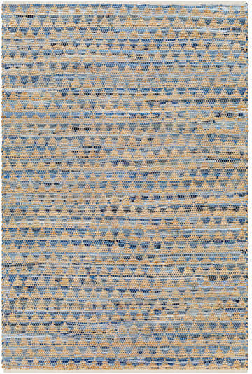 Close-up of hand woven Colm Recycled Blue Jean Rug. Features blue and tan horizontal stripes and a textured, contemporary design. Design-Rectangle-576
