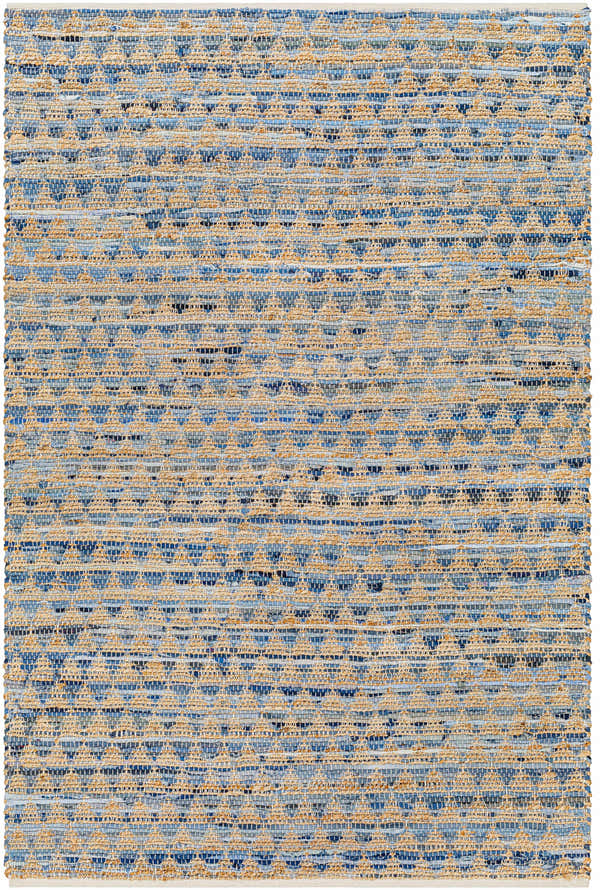 Close-up of hand woven Colm Recycled Blue Jean Rug. Features blue and tan horizontal stripes and a textured, contemporary design. Design-Rectangle-576