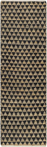 Close-up of the Colm Recycled Black Jean Rug. Hand-woven jute and recycled fabric with a contemporary black and beige diamond pattern. Design-Runner-268