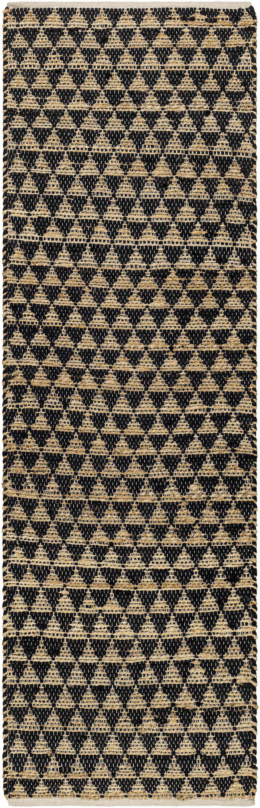 Close-up of the Colm Recycled Black Jean Rug. Hand-woven jute and recycled fabric with a contemporary black and beige diamond pattern. Design-Runner-268