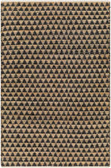 Close-up of the Colm Recycled Black Jean Rug, featuring a hand-woven jute and recycled fabric triangle pattern. Design-Rectangle-576