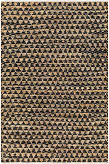 Close-up of the Colm Recycled Black Jean Rug, featuring a hand-woven jute and recycled fabric triangle pattern. Design-Rectangle-576