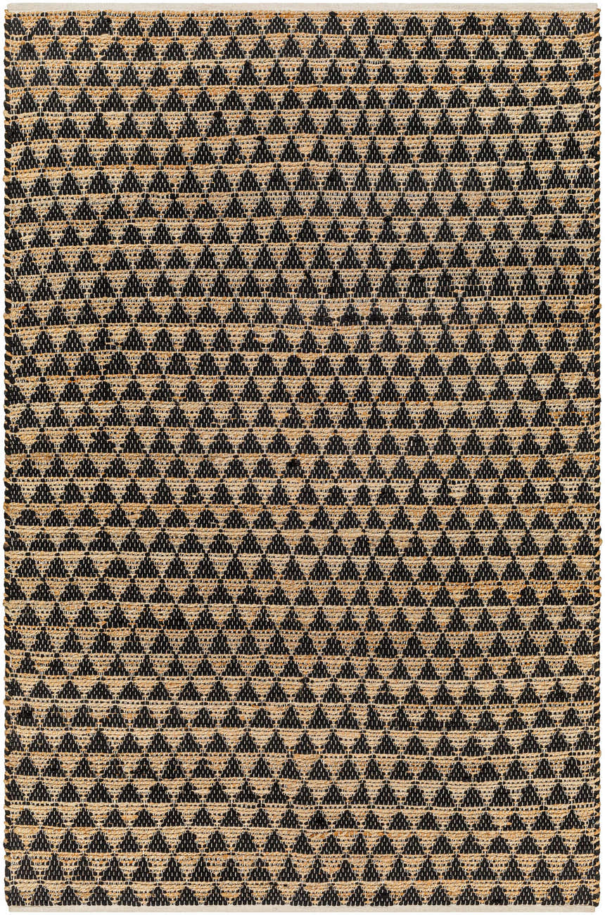 Close-up of the Colm Recycled Black Jean Rug, featuring a hand-woven jute and recycled fabric triangle pattern. Design-Rectangle-576