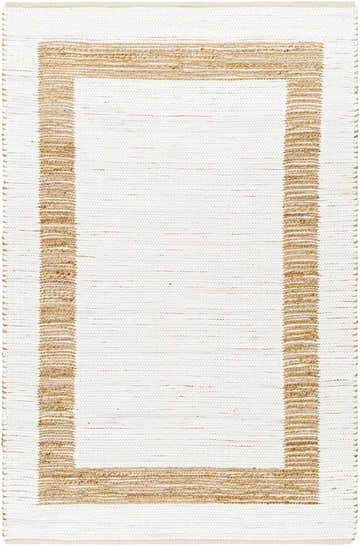 Close-up of the Ghita White Area Rug showing the jute border and hand-woven texture. Contemporary style. Design-Rectangle-576